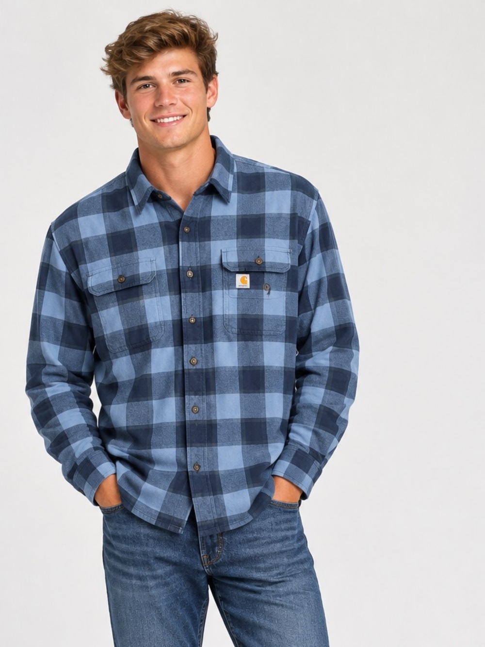 Carhartt Blue Plaid Button-Down Flannel Shirt - Casual Long Sleeve.